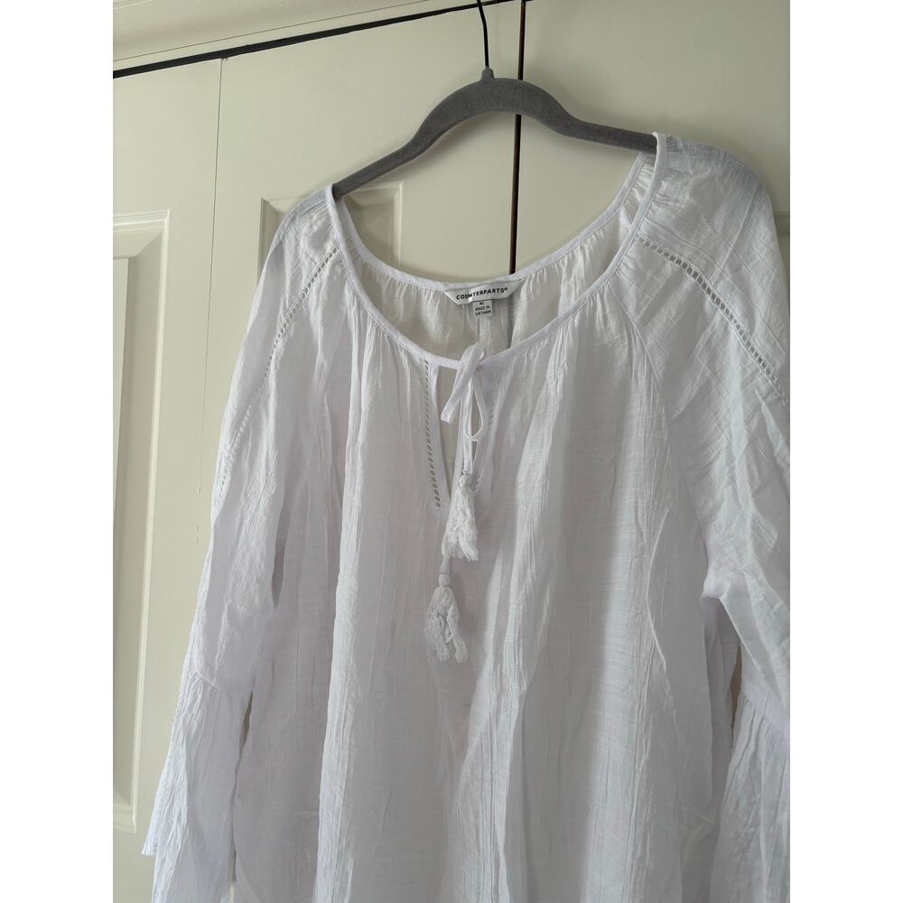Counterparts White Peasant Blouse Women XL Boho Tie Neck Bell Sleeve Tunic Top - Picture 4 of 9